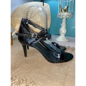 Michael Kors Leather Upper 6.5M MK Black Ankle Wrap Logo Buckle Heels GUC